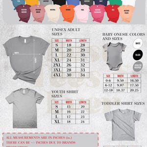 Pu&ograve; includere: Tabella colori e taglie per t-shirt unisex adulto, bambino e neonato. Include tabelle taglie per adulti, bambini, body neonato e bambini piccoli. Le misure sono in pollici. Colori: verde acqua, nero, blu navy, ecc.