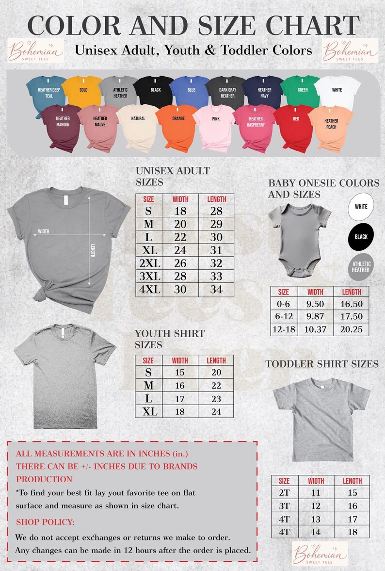 Pu&ograve; includere: Tabella colori e taglie per t-shirt unisex adulto, bambino e neonato. Include tabelle taglie per adulti, bambini, body neonato e bambini piccoli. Le misure sono in pollici. Colori: verde acqua, nero, blu navy, ecc.