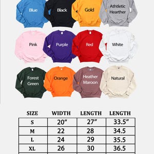 May include: A selection of crewneck sweatshirts in colours such as blue, black, gold, pink, purple, red, white, forest green, orange, heather maroon, and natural. A size chart shows measurements in inches, with equivalent cm.