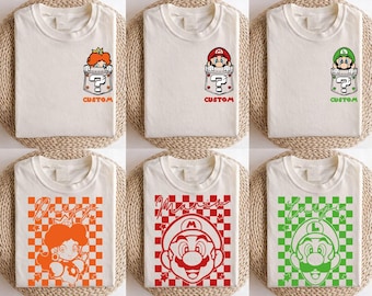 Camiseta retro a cuadros de Super Mario de doble cara, camiseta a juego para viajes familiares de Nintendo World, regalo de cumpleaños de Super Mario
