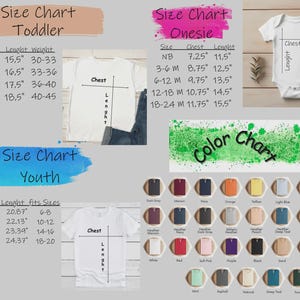 May include: Image features size charts for toddler, youth, and onesie clothing. Charts include chest, length, and weight measurements in inches. A color chart displays various shirt colors. White t-shirts and a onesie are shown.
