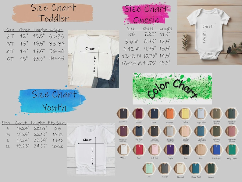 May include: Image features size charts for toddler, youth, and onesie clothing. Charts include chest, length, and weight measurements in inches. A color chart displays various shirt colors. White t-shirts and a onesie are shown.