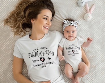 Camiseta personalizada a juego para el primer Día de la Madre, camiseta y body para bebé, regalo personalizado para el Día de la Madre, para parejas que son mamás primerizas.