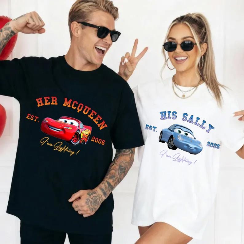 May include: Black t-shirt with a red Lightning McQueen graphic and the text "Her McQueen". White t-shirt with a blue Sally Carrera graphic and the text "His Sally". Both shirts have "Est. 2006" and "I'm Lightning!"