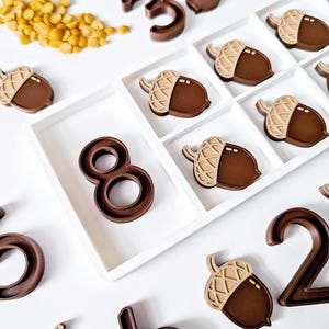 May include: A white plastic sorting tray containing brown plastic numbers and tan and brown acorn-shaped pieces. Additional brown plastic numbers and acorn pieces are scattered around the tray, alongside a small pile of yellow dried split peas.