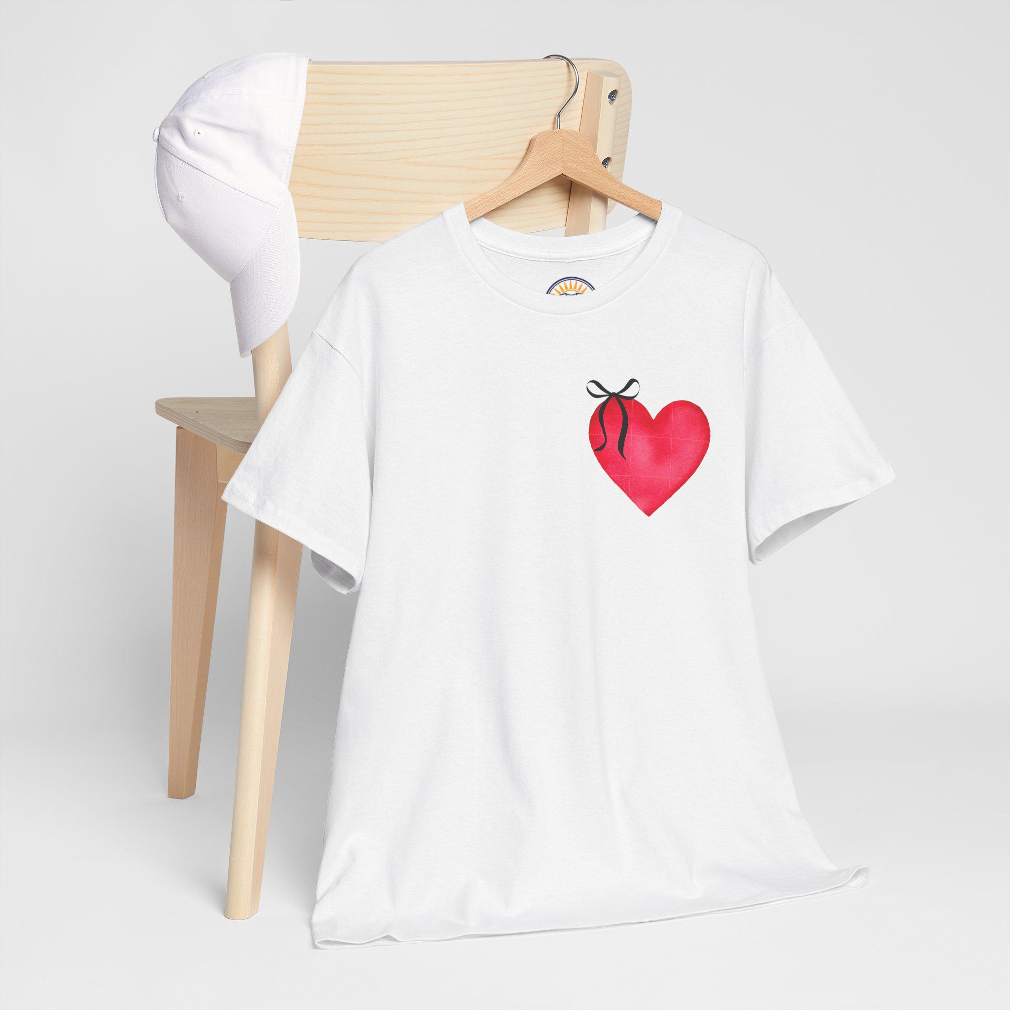Red Heart with Ribbon Tee | Small Chest Graphic, Romantic Valentine Shirt