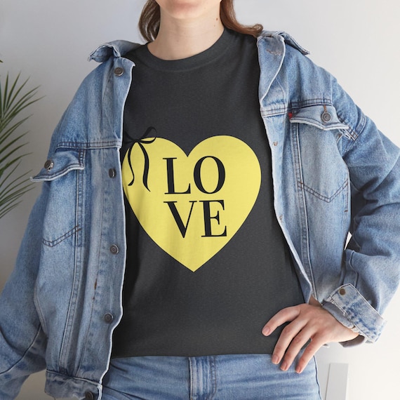 Yellow Heart LOVE Tee | Heart Graphic T-Shirt, Ribbon Accent