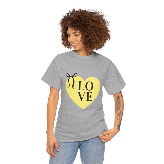 Yellow Heart LOVE Tee | Heart Graphic T-Shirt, Ribbon Accent