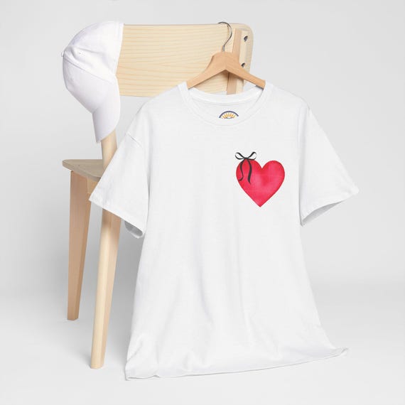 Red Heart with Ribbon Tee | Small Chest Graphic, Romantic Valentine Shirt