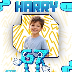Puede incluir: Gráfico de cumpleaños con el texto "BIRTHDAY BOY HARRY" en letras azules. La imagen incluye una foto de un niño sonriente y los números azules animados "6" y "7" con brazos y piernas. También está presente el texto "SIX SEVEN".