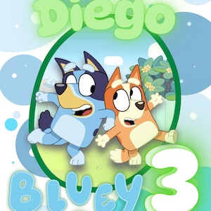 Puede incluir: Imagen de dibujos animados con dos perros animados, uno azul y otro naranja, con el texto "Diego" arriba y "Bluey 3" abajo. El fondo tiene círculos azules y verdes.