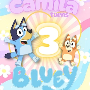 Puede incluir: Un gráfico colorido con temática de cumpleaños con los personajes Bluey y Bingo. El texto "Camila turns 3" se muestra en una fuente lúdica, con la palabra "Bluey" en la parte inferior. El fondo tiene colores pastel y detalles florales.