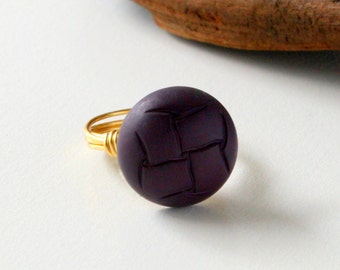 Purple Button Ring, Wire Wrapped Ring, Button Jewelry, Round Button Ring, Leather Look Ring, Resin Button Ring, Gold Wire Ring