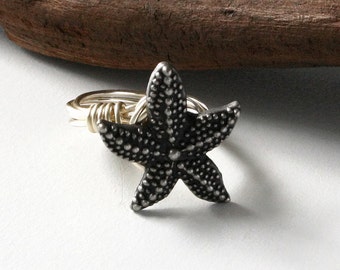 Starfish Ring: Silver Plated Wire Wrapped Button Jewelry