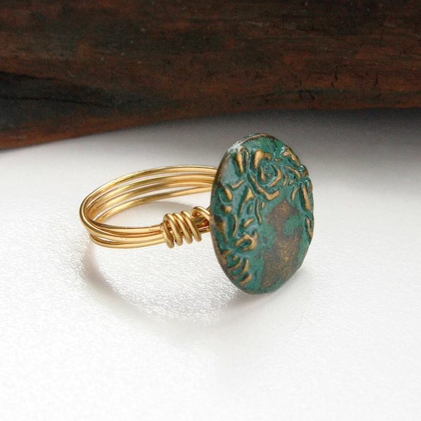 Green Button Ring, Rustic Style Ring, Antique Brass Ring, Metal Button Ring, Green Flower Ring, Wire Wrapped Ring, Burnished Button Ring