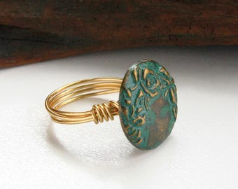 Green Button Ring, Rustic Style Ring, Antique Brass Ring, Metal Button Ring, Green Flower Ring, Wire Wrapped Ring, Burnished Button Ring