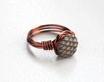 White Button Ring, Pinkie Ring, Copper Button Ring, Wire Wrapped Ring, Button Jewelry, Copper White Ring, Honeycomb Ring, Metal Ring