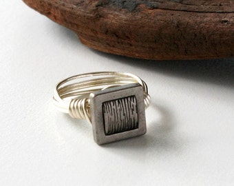 Square Silver Ring, Silver Button Ring, Wire Wrapped Ring, Silver Wire Ring, Minimalist Ring, Button Jewelry, Textured Square Ring