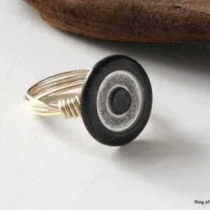 Metal Button Ring, Silver Bullseye Ring, Circle Button Ring, Button Jewelry, Wire Wrapped Ring, Gun Metal Grey Ring, Brushed Metal Ring image 1