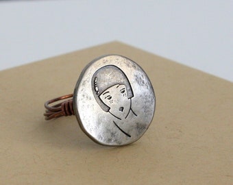 Girl Face Silver Ring, Hammered Silver Ring, Button Jewelry, Metal Button Ring, Wire Wrapped Ring, Silver Wire Ring, Retro Girl Ring