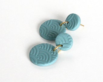 Green Polymer Clay Earrings: Textured Wave Design, Lightweight Jewelry
