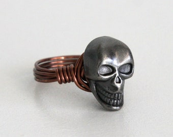 Antiqued Silver Skull Button Ring, Copper Wire Button Ring, Wire Wrapped Ring, Metal Skull Ring, Grinning Skull Ring, Antiqued Copper Ring