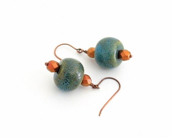 Turquoise Ceramic Bead Earrings: Copper Accent Rondelle Earrings