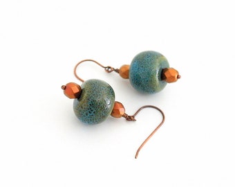 Turquoise Blue Ceramic Earrings, Rondelle Bead Earrings, Blue Bead Earrings, Ceramic Earrings, Copper Bead Earrings, Copper Tone Earrings