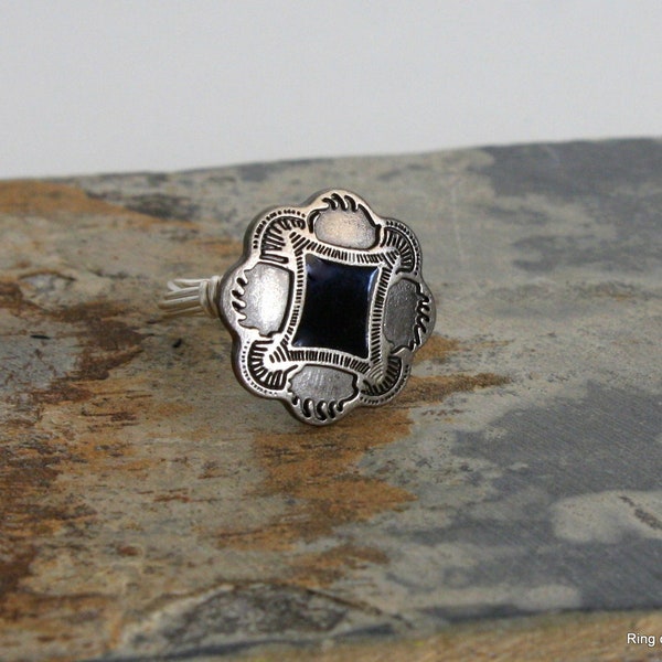 Silver Scallops Button Ring, Black Enamel Ring, Button Jewelry, Metal Button Ring, Wire Wrapped Ring, Silver Wire Ring, Black Diamond Ring