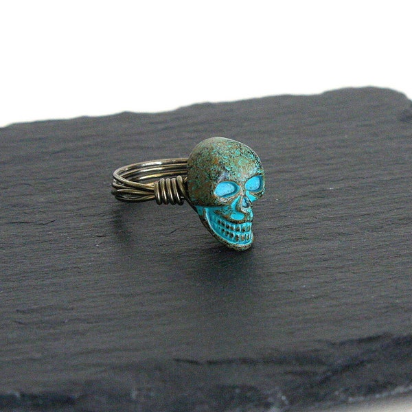 Blue Patina Skull Button Ring, Gun Metal Button Ring, Wire Wrapped Ring, Metal Skull Ring, Grinning Skull Ring, Blue Skull Ring