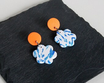Blue Flower Earrings, Orange Dot Earrings, Blue White Polymer Earrings, Lightweight Earrings, Polymer Clay Earrings, Post Earrings