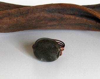 Black Porcelain Bead Ring, Grey Bead Ring, Antique Copper Plated Wire Ring, Wire Wrapped Ring, Chunky Bead Ring, Statement Ring