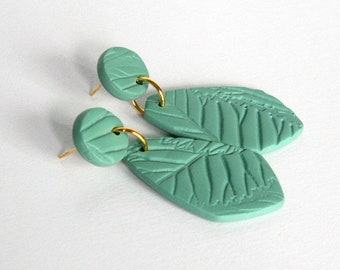 Green Leaf Polymer Clay Earrings: Textured Dangle Earrings