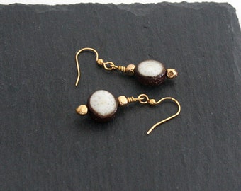 Handmade Ceramic Bead Earrings: White & Brown, Gold Accent