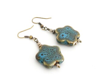 Turquoise Blue Ceramic Flower Earrings: Rustic Brass Dangle Earrings
