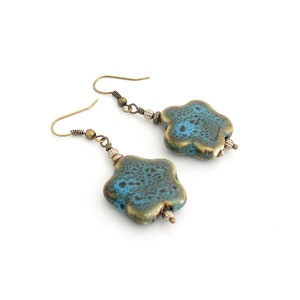 Blue Flower Ceramic Earrings, Flower Bead Earrings, Blue Bead Earrings, Ceramic Bead Earrings, Rustic Blue Earrings, Ceramic Flower Earrings