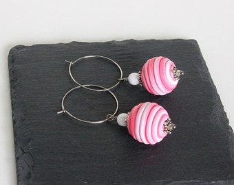 Pink Bead Earrings, Polymer Clay Earrings, Wrapped Polymer Earrings, Polymer Clay Jewelry, Chunky Bead Earrings, Lightweight Earrings