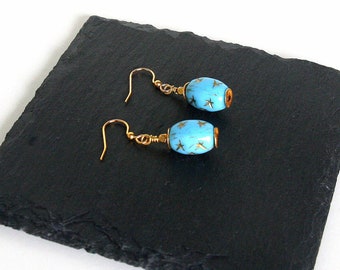 Turquoise Blue Earrings, Glass Earrings, Gold Star Earrings, Blue Glass Earrings, Lightweight Earrings, Gold Bead Earrings, Star Jewelry