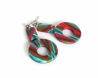 Colorful Circle Earrings, Polymer Clay Earrings, Red Polymer Earrings, Blue Stripe Earrings, Polymer Clay Jewelry, Lightweight Jewelry