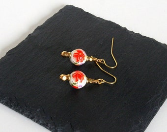 Orange Flower Earrings, Ceramic Bead Earrings, Purple Flower Earrings, Gold Tone Earrings, White Bead Earrings, Lightweight Earrings