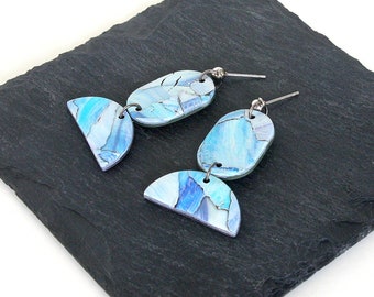 Blue Watercolor Earrings, Polymer Clay Earrings, Blue Earrings, Half Circle Earrings, Polymer Clay Jewelry, Small Batch, Lightweight Jewelry