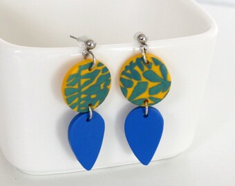 Blue Leaves Earrings, Yellow Earrings, Polymer Clay Earrings, Blue Leaf Earrings, Lightweight Earrings, Summer Earrings, Post Earrings
