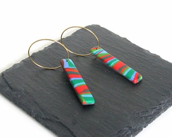 Colorful Polymer Clay Earrings, Gold Hoop Earrings, Red Clay Bar Earrings, Blue Stripe Earrings, Polymer Clay Jewelry, Lightweight Jewelry