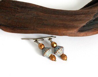 Brown Striped Bead Earrings, Blue Bead Earrings, Antique Brass Earrings, Copper Bead Earrings, Bicone Bead Earrings, Lightweight Earrings