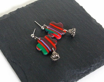 Colorful Flower Earrings, Polymer Clay Earrings, Red Polymer Earrings, Silver Tone Earrings, Polymer Clay Jewelry, Lightweight Jewelry