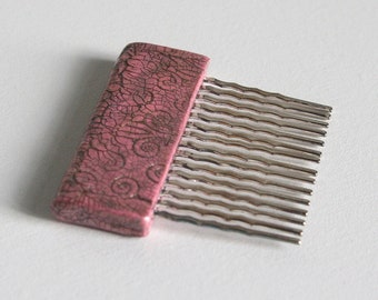 Pink Hair Comb, Polymer Clay Hair Comb, Antiqued Clay Accessory, Silver Hair Comb, Golden Pink Hair Accessory, Rustic Hair Comb