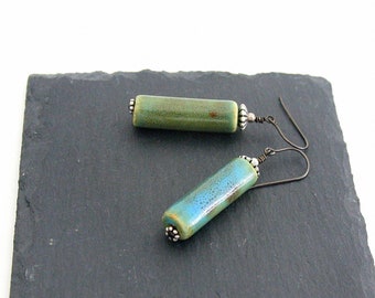 Turquoise Blue Ceramic Tube Earrings: Rustic Dangle Jewelry