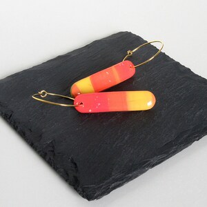 Orange Polymer Clay Earrings, Gold Hoop Earrings, Yellow Earrings, Red Clay Bar Earrings, Polymer Clay Jewelry, Lightweight Jewelry