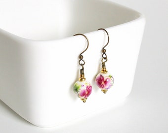 Purple Flower Earrings: Ceramic Bead, Antique Brass Tone