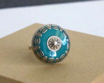 Blue Button Ring, Turquoise Enamel Ring, Wire Wrapped Ring, Silver Wire Ring, Enamel Button Ring, Southwestern Style Ring, Button Jewelry